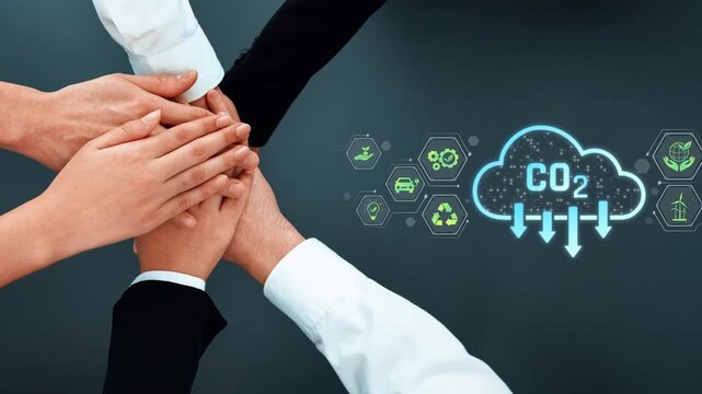 A group of diverse hands joining together symbolize collaboration in climate action, set against a backdrop of digital icons representing emissions and sustainability initiatives. Raster