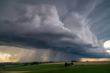 Fototapeta premium Dramatic stormy landscape, dark clouds, green field, rural scenery, severe weather