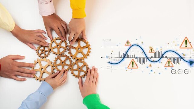 Collaborative effort is captured through hands assembling wooden gears next to a data analysis chart, symbolizing innovation, teamwork, and strategic project management. Raster