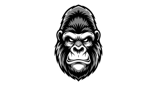 Fierce Gorilla Head Illustration, Black and White, Aggressive Look, Wildlife Art