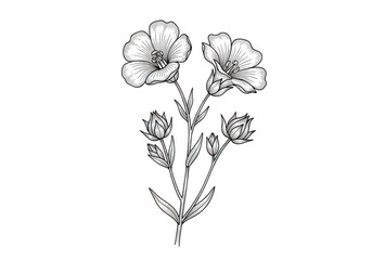 Obraz premium Detailed black and white line of a flax plant featuring two blooming flowers, closed buds, and slender leaves on a solid black background