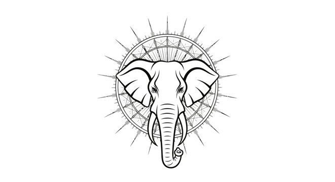 Elephant Head with Compass Rose Illustration - Tribal Tattoo Style