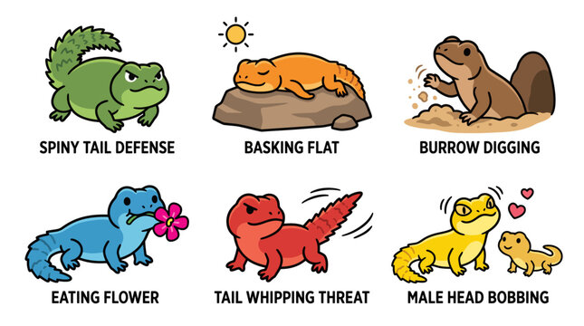 A group of lizards displaying various behaviors like spiny tail defense, basking flat, and burrow digging.