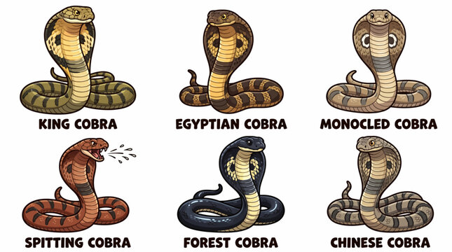 Cartoon illustrations of various cobras including king, Egyptian, monocled, spitting, forest, and Chinese cobras are shown.