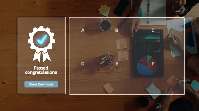 A visually appealing top view of an office desk showcasing a certificate of achievement, checklists, and productivity tools, symbolizing success in a course. Raster