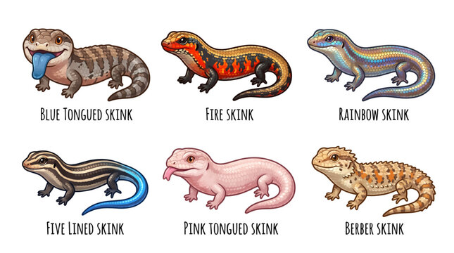 A vibrant illustration of six different skink species, including blue tongued, fire, rainbow, five lined, pink tongued, and bearded skinks, displayed together.