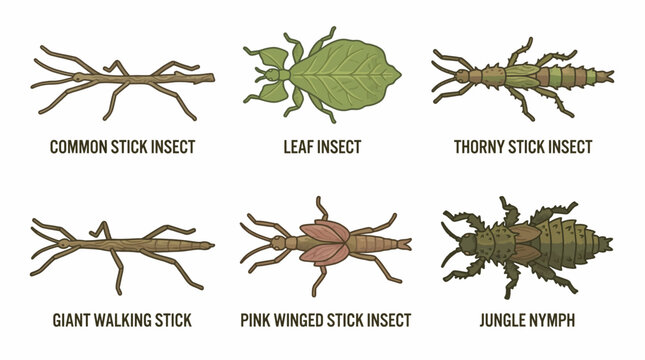 Insects on display include common stick insect, leaf insect, thorn stick insect, giant walking stick, pink winged stick insect, jungle nymph.