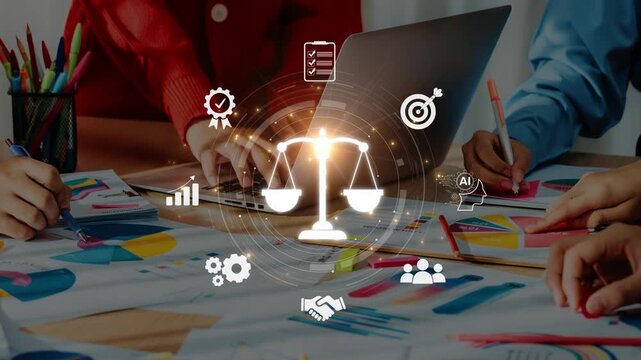 A dynamic business team engages in vibrant discussions about legal matters, utilizing charts and scales of justice as symbols of accountability and partnership. Raster