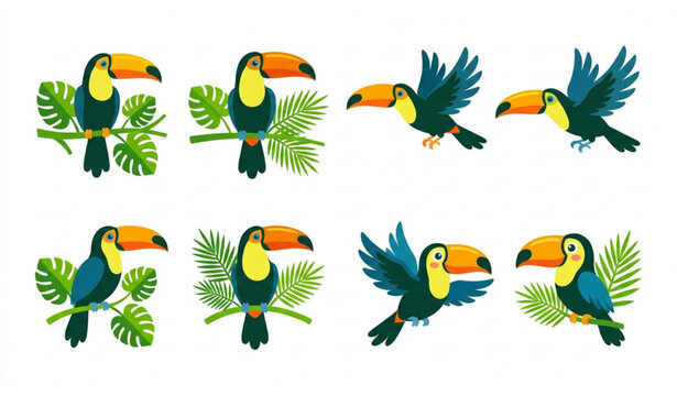 Toucan bird flat vector icons tropical wildlife illustration isolated white background