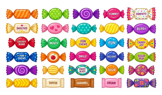 Colorful candy wrappers vector collection assorted sweet candies isolated