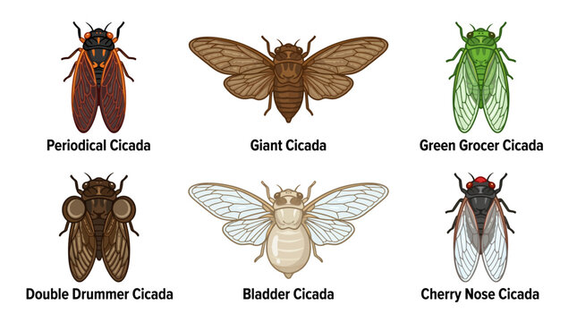 A vibrant illustration of six different Cicada species, including Periodical, Giant, Green Grocer, Double Drummer, Bladder, and Cherry Nose Cicadas, showcasing their unique characteristics and colors.