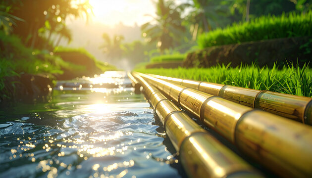 Bamboo waterway serene landscape with sunlight and natural elements
