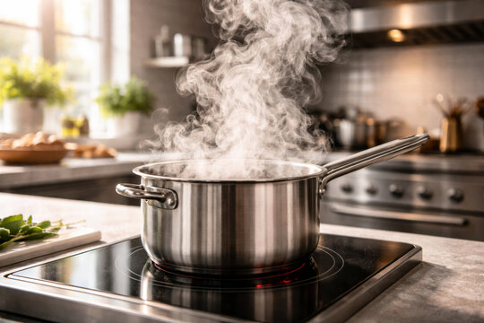 Steam rising from stainless steel pot in modern kitchen