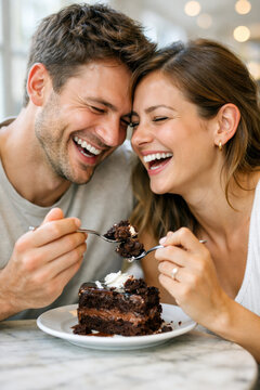 Happy couple enjoying chocolate cake in a cozy caf&eacute;