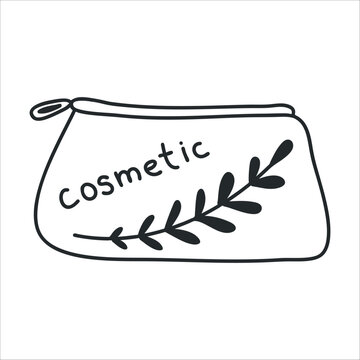 Simple line art icon of cosmetic bag or makeup pouch with zipper. Hand-drawn sketch of elegant travel make up bag 