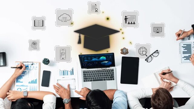 A dynamic learning environment showcasing teamwork and technology, featuring a graduation cap icon surrounded by educational and data analysis symbols on a modern desk. Raster