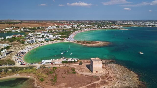 Aerial view of Torre di Santo Stefano and the beach in Torre Chianca