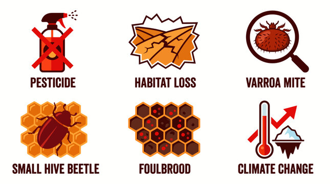 Bees facing threats from pesticide use, habitat loss, varroa mite, small hive beetle, and foulbrood due to climate change.