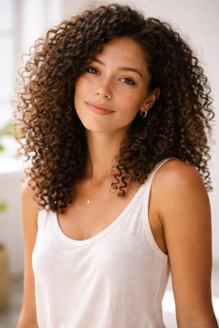 Young woman with curly hair smiling in bright setting