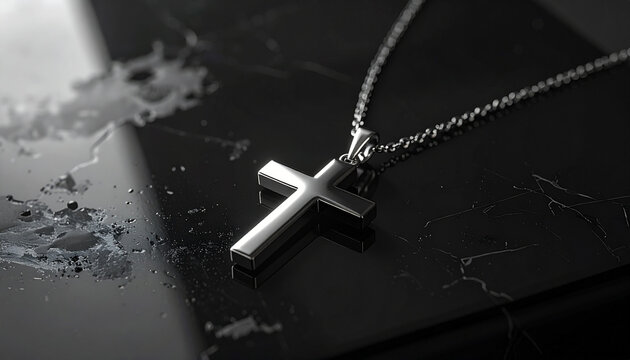 Close up of a silver cross pendant on a reflective dark surface