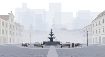 Ornate fountain centerpiece in a European city square, architectural buildings, overcast day © Il