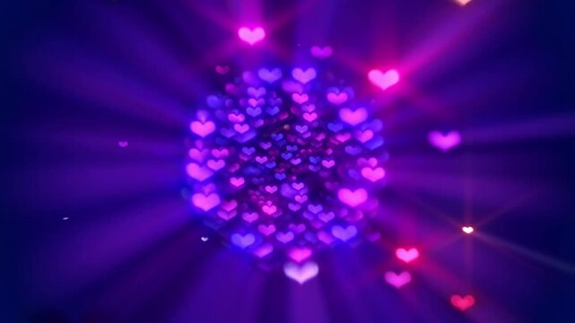 Glowing neon hearts animation with vibrant purple and pink light rays shifting in seamless motion loop