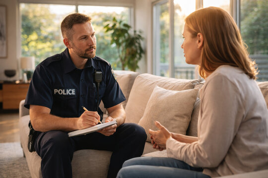 Police officer interviewing a woman at home for a report