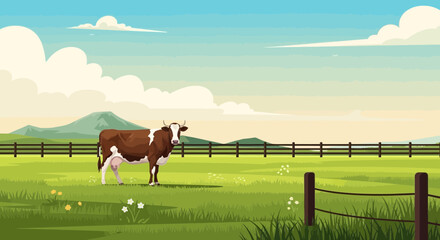 Brown and white cow standing in a green meadow with a fence and mountains in the background. © Il