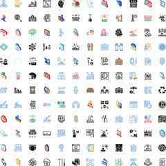Fototapeta premium Large collection of diverse isometric icons covering various concepts including business strategy, artificial intelligence, health services, finance management, education, and nature themes