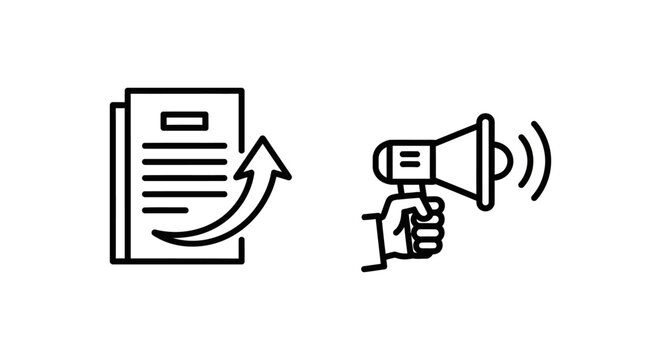 Claim appeal icon with document and arrow appeal request icon with megaphone statement icon communication icon document progress increase megaphone announcement communication