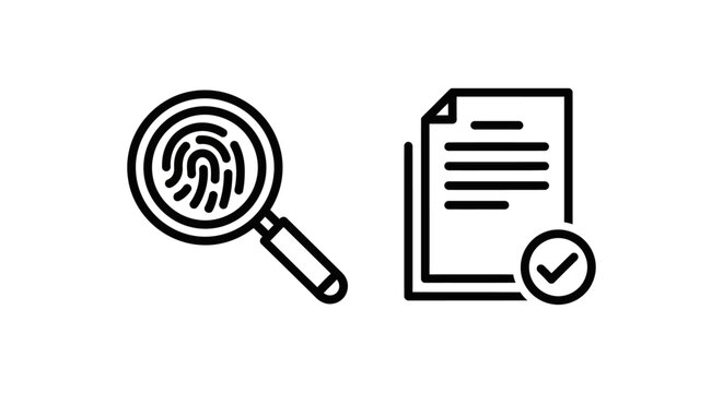 Fingerprint with magnifying glass and document with checkmark icon fingerprint magnifying document checkmark agreement information analysis investigation detective research