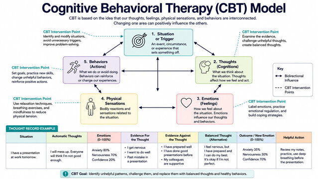 Cognitive behavioral therapy model infographic with thought record example