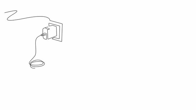 Continuous line animation of smartphone charging from cable plugged into electric socket. Single line 4K video of technology, battery power, electricity and mobile lifestyle.