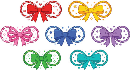 Colorful Ribbon Bow and Infinity Loop Icon Set with Sparkles for Cute Stationery, Gift Wrapping, Holiday Greetings, and Creative Graphic Designs © Rashidul