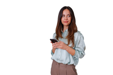 Fototapeta premium Woman holding phone, thinking, looking away, contemplating new message or idea, transparent background