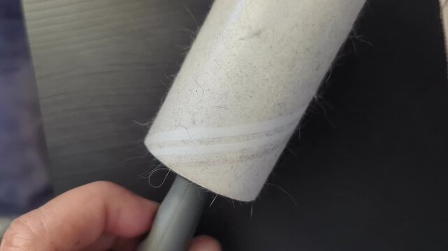 Lint Roller Covered With Pet Hair Close Up Horizontal 4K Footage Sticky Roller Removing Animal Fur Cleaning Tool Household Pet Care Video