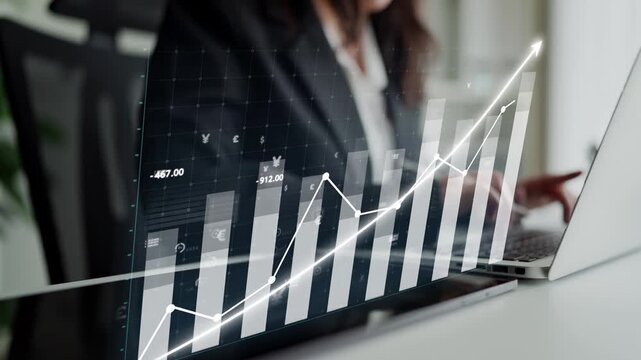 A business professional is analyzing financial data on a laptop while studying a digital chart that illustrates growth and upward trends in revenue and profits. Copula
