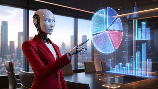 AI Business Executive: Female Humanoid Robot Analyzing Financial Hologram Charts in Modern Corporate Office with Cityscape View