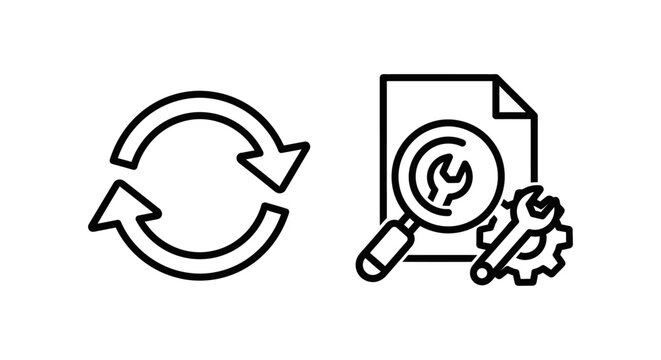 Synchronization arrows and document configuration repair icons for technical maintenance and software support with document configuration magnifying technical maintenance management