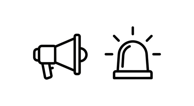 Emergency alert and response icons including a megaphone for broadcast and a flashing siren signal for public safety warnings and crisis notification with broadcast emergency response