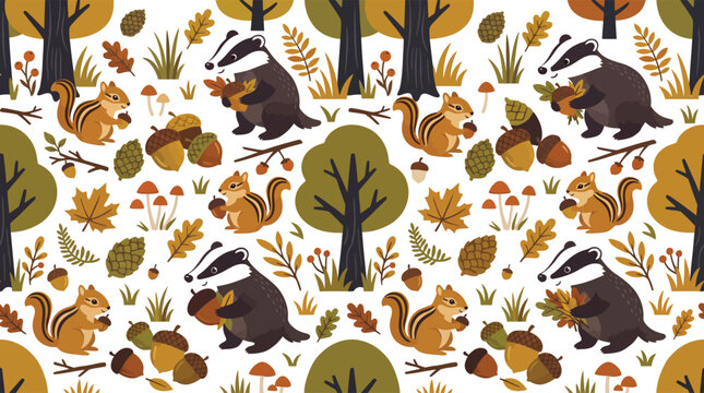 Seamless pattern with cute badgers, chipmunks, acorns, pine cones and autumn leaves in forest