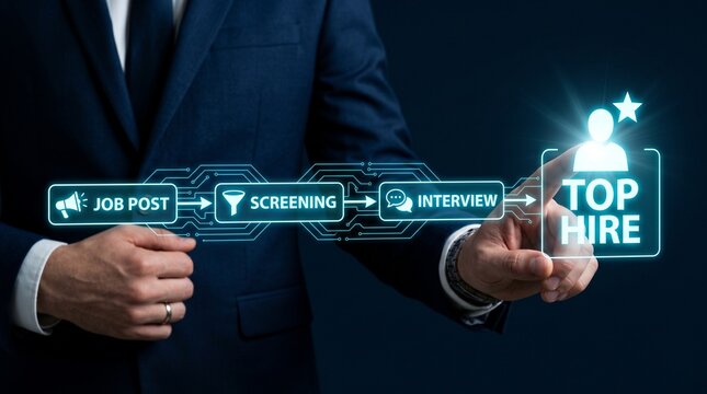 Businessman presenting top hire recruitment process in digital interface