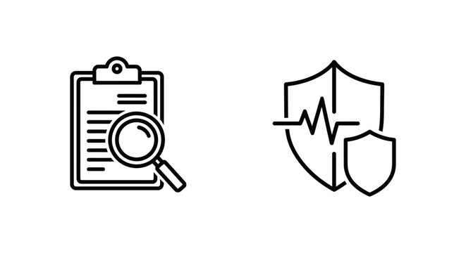 Medical icd-coding and diagnosis code icons featuring a clipboard with magnifying glass and a shield with a heartbeat line representing healthcare administration and insurance, diagnosis