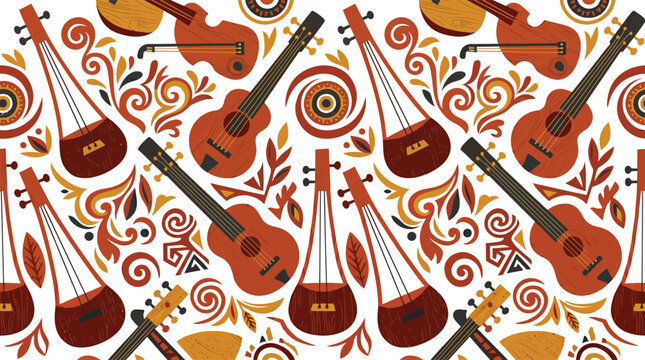 Seamless pattern with folk musical instruments and decorative floral elements