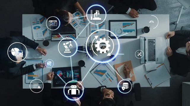 Predictive maintenance icons for industry, automation, smart factory and manufacturing showing data analysis, monitoring, robotics and system optimization with advanced maintenance solutions. Funnel