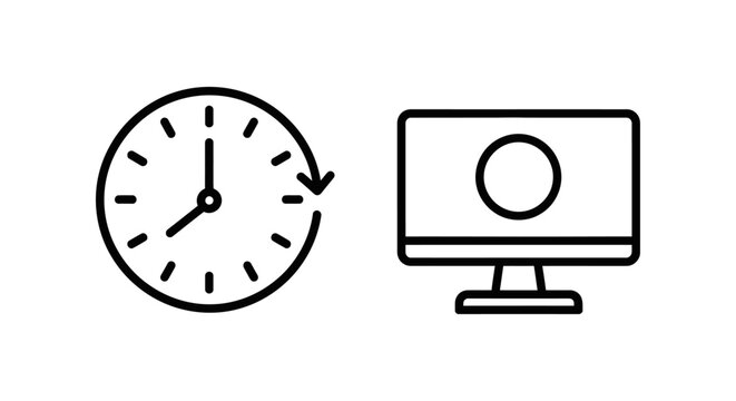 Idle time and computer monitor sleep mode icons set with analog clock and digital screen graphics computer inactive productivity management business technology hardware electronic
