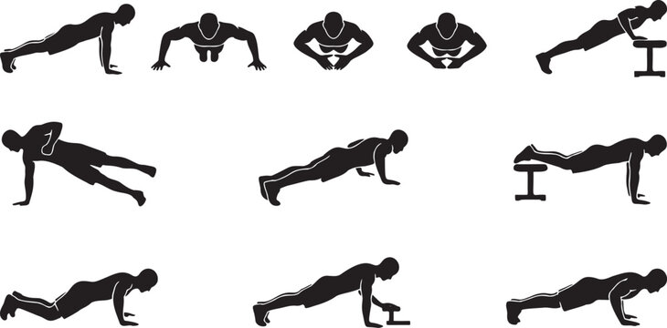Push Up Pose Silhouette Icon Sheet.