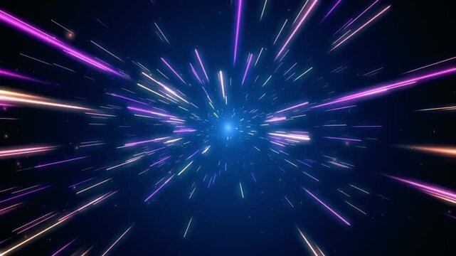 Hyperspace starburst zoom loop with colorful glowing neon light streaks flying fast from the center