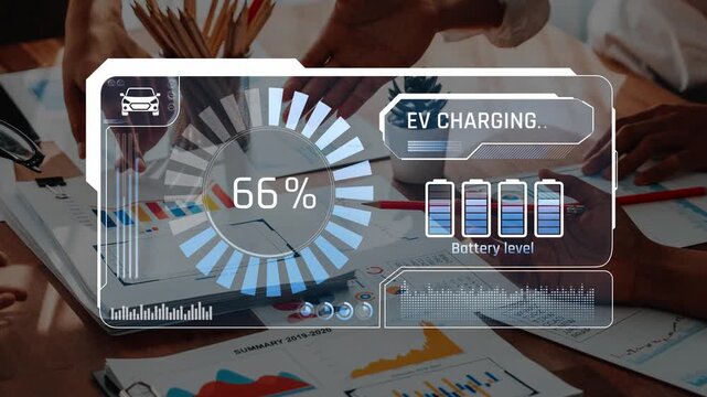 A modern data visualization showcasing electric vehicle charging status, featuring a battery level indicator and hands interacting with various charts and graphs in a workspace. Raster