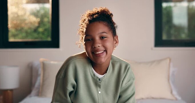 Bedroom, face and girl child with comfort, relax and confident in home for holiday or weekend. Happiness, portrait and kid or person chilling on bed for safety, leisure and self care in family house